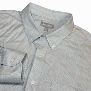 Ash & Erie Mens Large Slim Fit Button Down Shirt Green Tan Plaid Long Sleeve